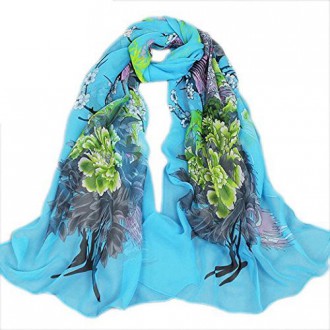 Idée de plume de paon Printing Echarpe Fille Femmes Châle en mousseline de soie de cadeau de Noël Foulards (Bleu)